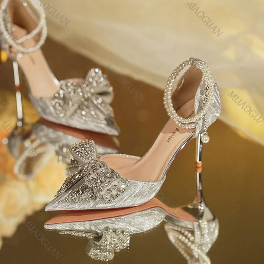 Fashion Pointed Toe Pumps Women's Rhinestone Pearl Butterfly Heels for Women Ankle Buckle High Heel Party Wedding Heeled Shoes
