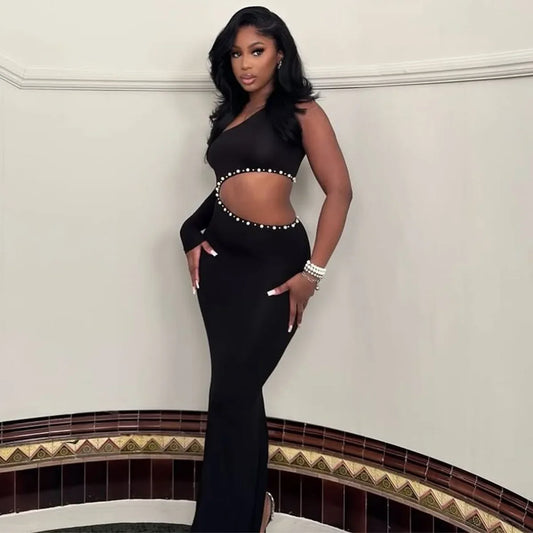 Sexy Asymmetrical Evening Dress Women's Cross-Border Fashion Loose Waist Pearl Decoration Single-Sleeve Long Dress