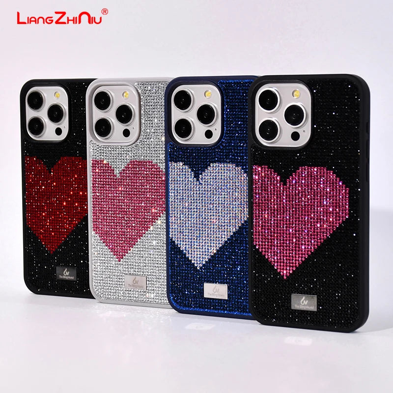 Glitter Diamond Half Heart Case For Iphone 17 16 Pro Max 15Plus 14 13 Air Tpu Bezel Full Cover Ladies Elegant Glitter Phone Case