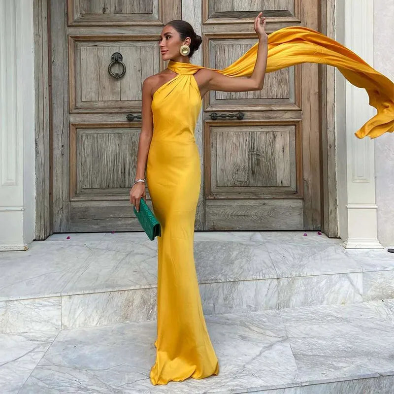 Elegant Ribbon Halter Dress Women Solid Off Shoulder Sleeveless Backless Slim Maxi Dresses 2025 Summer Autumn Party Robes Lady