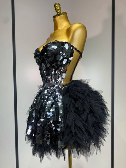 Sparkly Black Sequins Two Pieces Set for Women Party Evening Prom Celebrate Birthday Photo Shoot Dress Nightclub Dance Costume