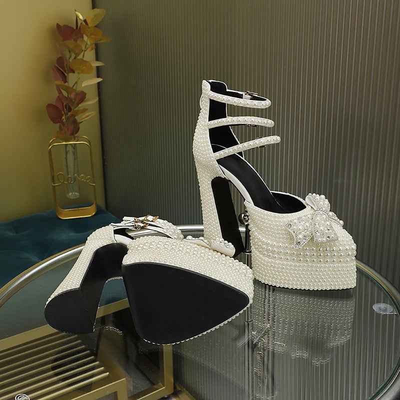 Luxury Handmade Full Pearls Rhinestones Bowknot Women Pumps Fashion Ankle Strap Platform Wedges High heels Banquet Wedding Shoes.