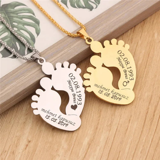 Custom Engraved Stainless Steel Baby Feet Name & Birthday Pendant Necklace Personalization Included Text Woman Jewelry