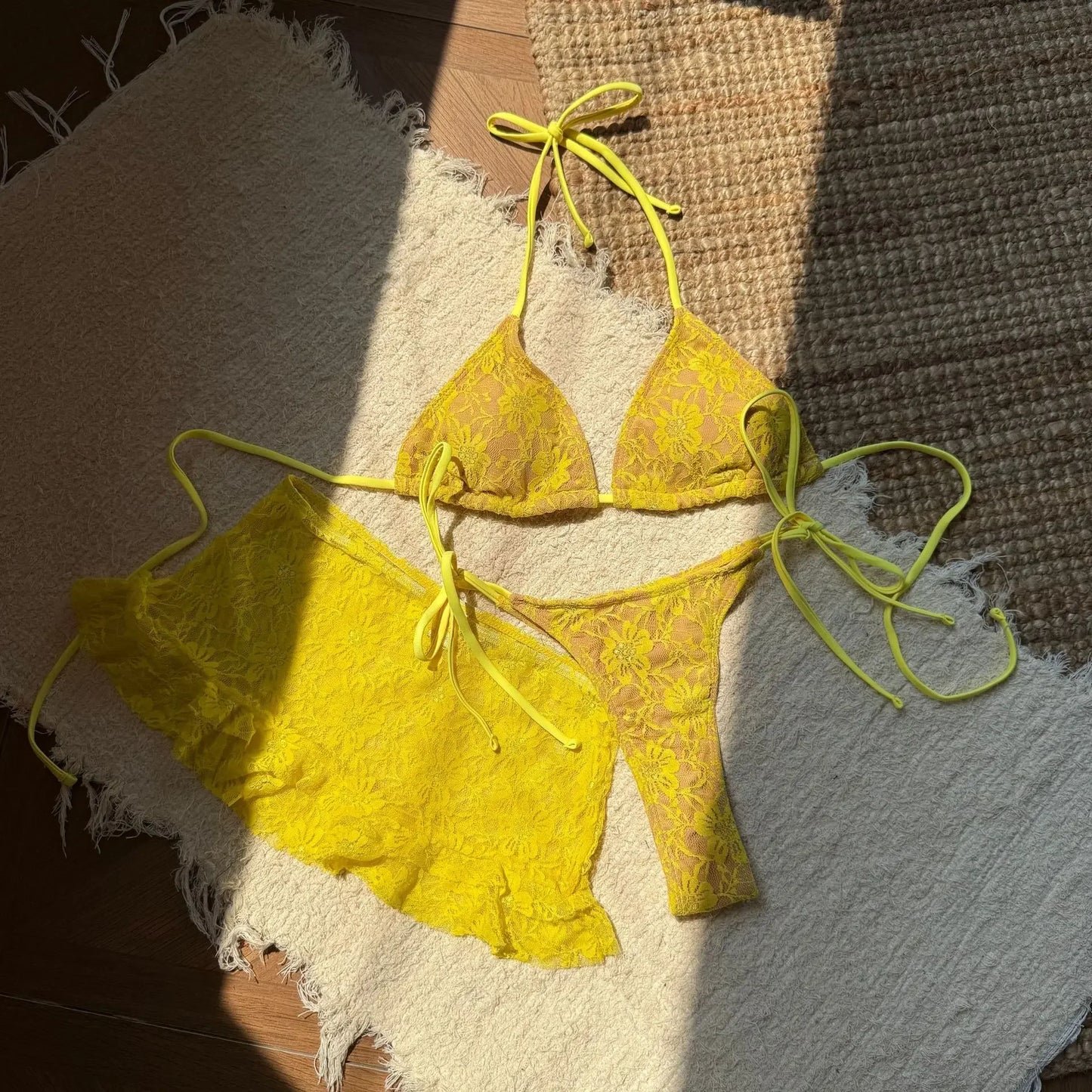 Sexy Lace Micro Mini String Halter Tie Bikinis Sets 3pcs with Ruffles Mini Skirt Black Red Color Swimwear Swimsuit Bathing Suit