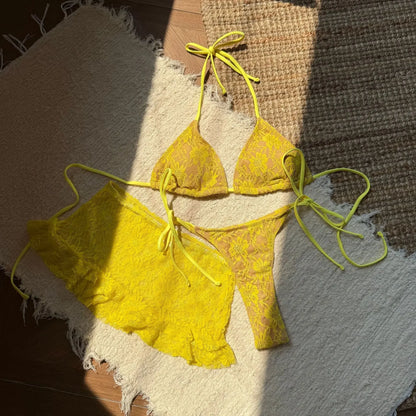 Sexy Lace Micro Mini String Halter Tie Bikinis Sets 3pcs with Ruffles Mini Skirt Black Red Color Swimwear Swimsuit Bathing Suit