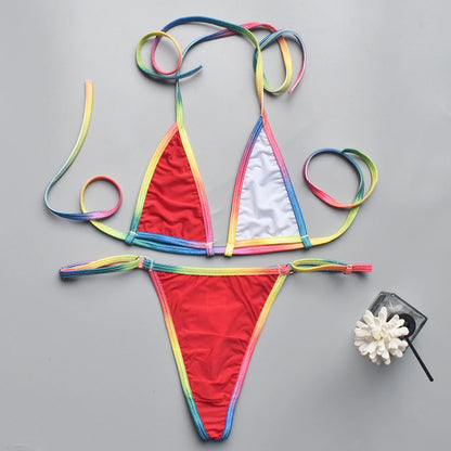 Women Bikini Sexy Three Point MultiColor Thin Straps Lace Up See Through Bikini Top + Panties Brazilian Biquinis