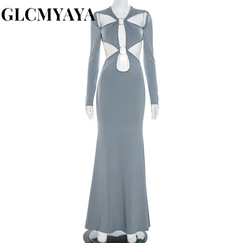 GLCMYAYA Women Cutout Roll Splicing Long Sleeve Bodycon Midi Maxi Long Dress 2025 Fall Vacation Party Birthday Dresses Vestidos