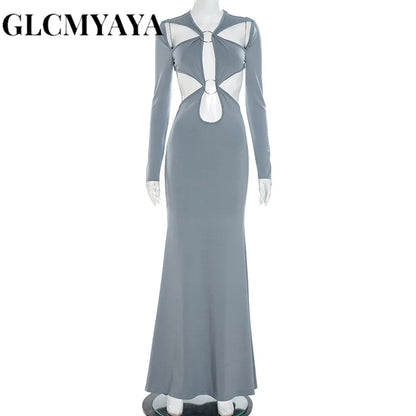 GLCMYAYA Women Cutout Roll Splicing Long Sleeve Bodycon Midi Maxi Long Dress 2025 Fall Vacation Party Birthday Dresses Vestidos