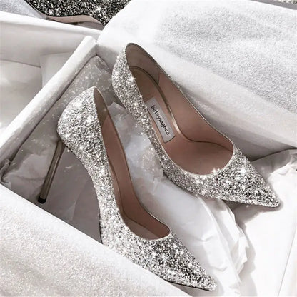 2022 Fashion Spring New Autumn Woman 9CM/7CM High Heels Silver Wedding Shoes Stiletto Pointed Toe Slip-on PU Bling Luxury Ladies