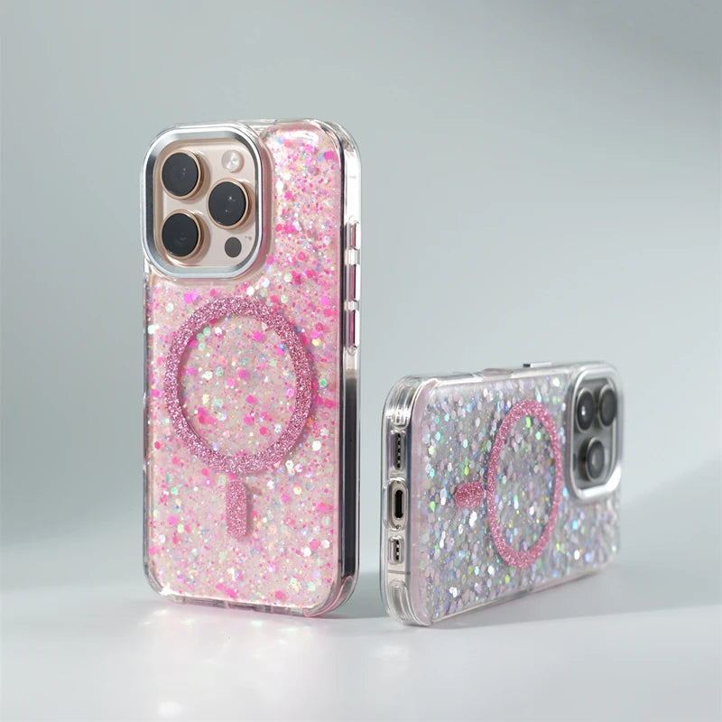 Trendy Glitter Foils Shockproof MagSafe Phone Case for iPhone 16 17pro max 14 15 Pro 13 12 Magnetic Wireless Charging Hard Cover