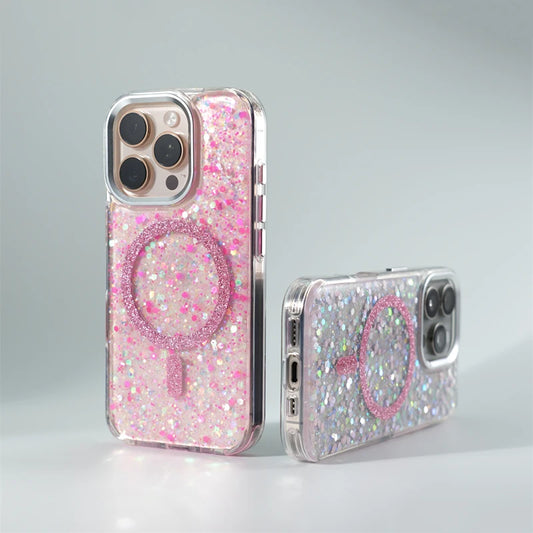 Trendy Glitter Foils Shockproof MagSafe Phone Case for iPhone 16 17pro max 14 15 Pro 13 12 Magnetic Wireless Charging Hard Cover