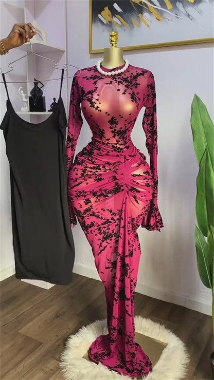 CM.YAYA Women Long Sleeve Stacked Mesh See Though with Lining Bodycon Long Dress 2025 Autumn Evening Birthday Sexy Party Dresses