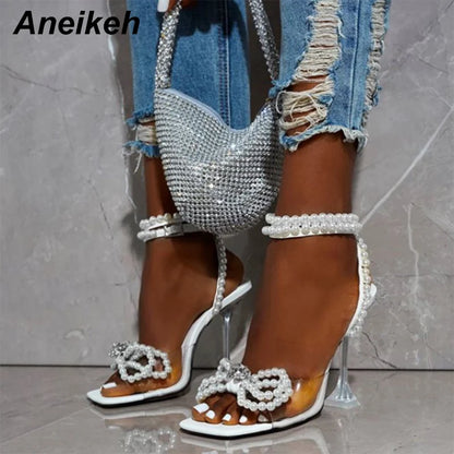 Aneikeh 2025 Summer White String Bead High Heels Wedding Shoes Butterfly-Knot Narrow Band Thin Heels  Square Toe Party Sandals
