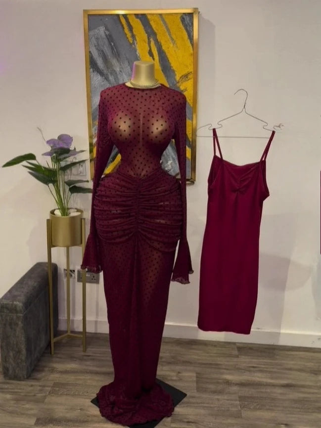 CM.YAYA Women Long Sleeve Stacked Mesh See Though with Lining Bodycon Long Dress 2025 Autumn Evening Birthday Sexy Party Dresses