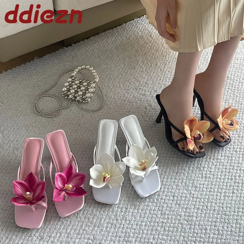 2025 New Fashion Flower Women Thin Heels Pumps Slides Shoes Female Flip flops Square Toe Ladies Heeled Sandals Shoes Big Size 43