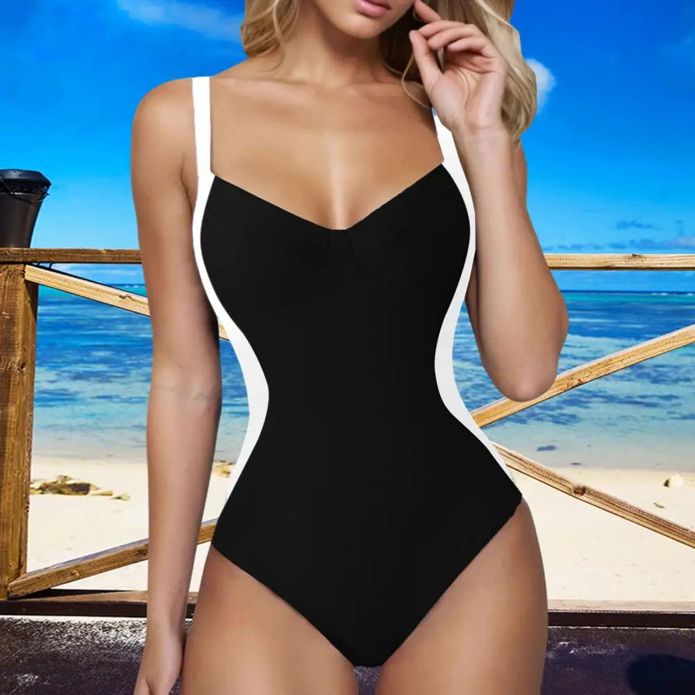 Women One-Piece Swimsuit Padded Gather Bra Lace-up Exposed Back Monokini Patchwork Color Belly-tightening Swimsuit
