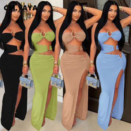 CM.YAYA 2025 Summer Elegant Sleeveless Floor-Length Long Women Dress Hollow Out Birthday Night Party Evening Sexy Split Dresses