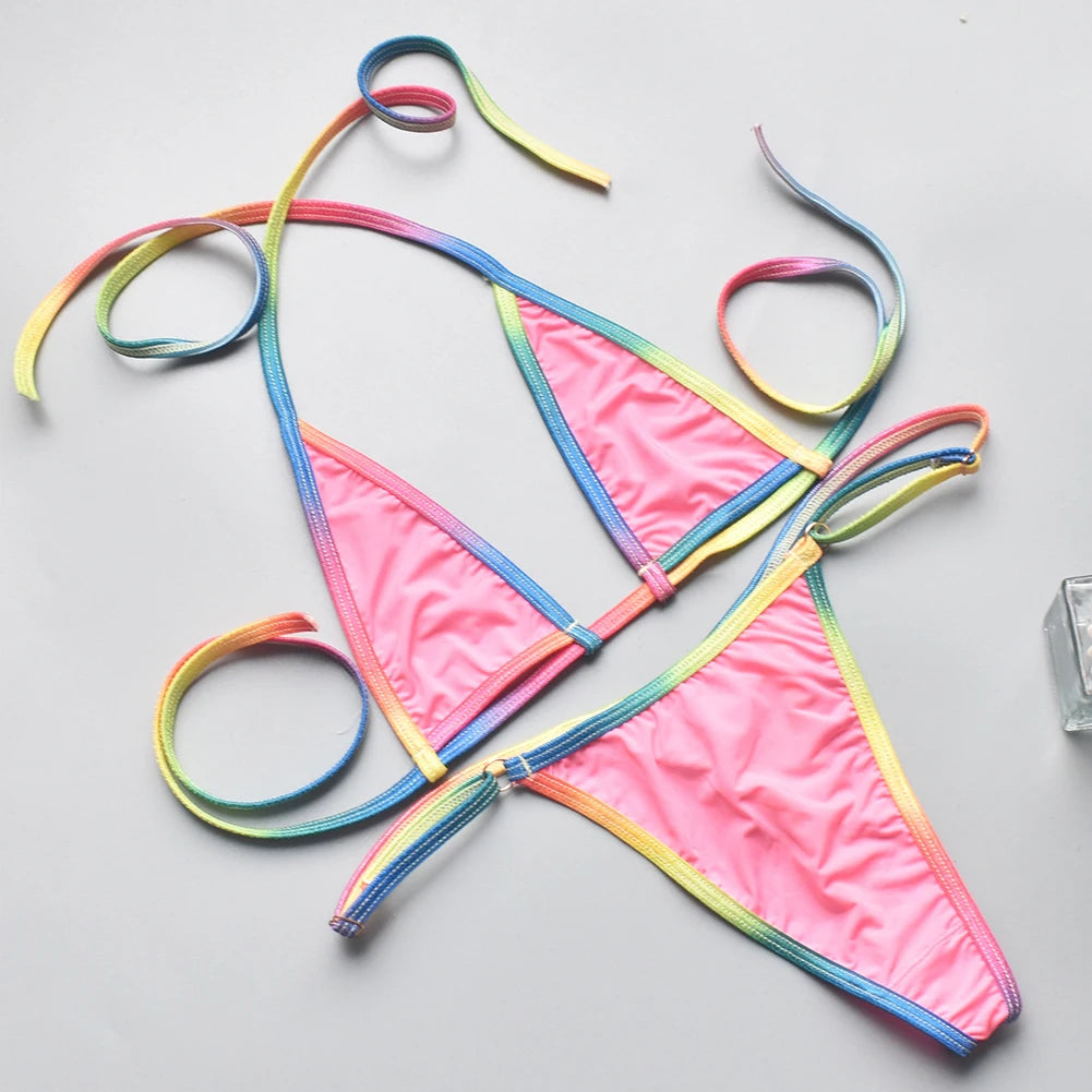 Women Bikini Sexy Three Point MultiColor Thin Straps Lace Up See Through Bikini Top + Panties Brazilian Biquinis