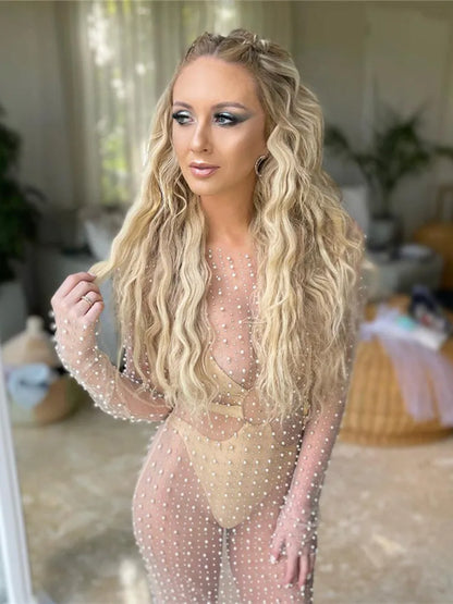 hirigin Women's Beach Bikini Cover Up Bathing Suit Fish Net Pearl Rhinestone Mesh See Through Swimsuit Beachwear Dresses