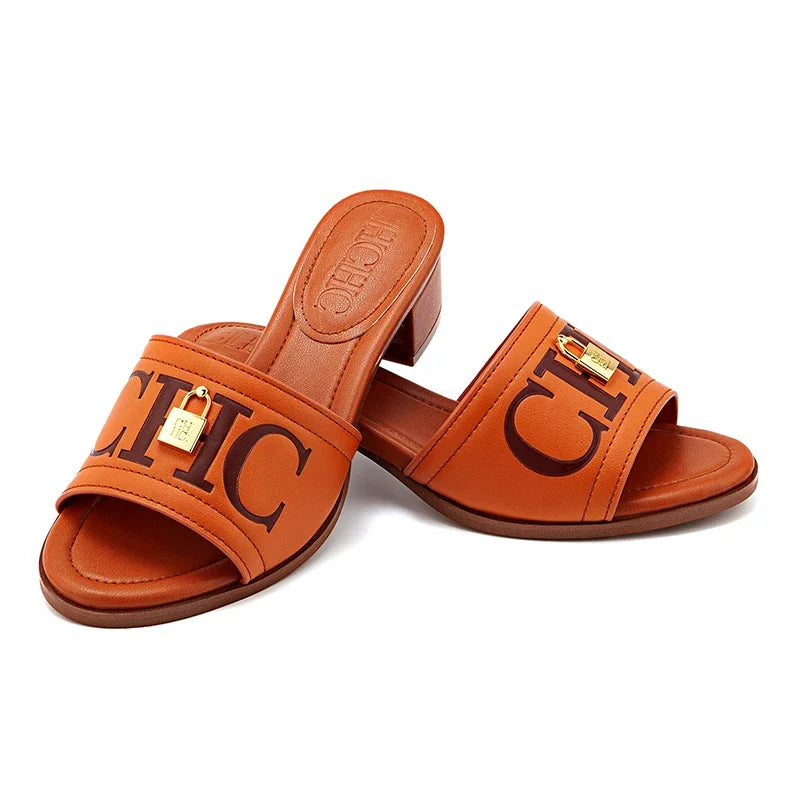 CH Fashion Monogram Print Elegant Design Women's Low Heeled Slippers Solid Color High Quality Metal Lock Simple Single Shoes.
