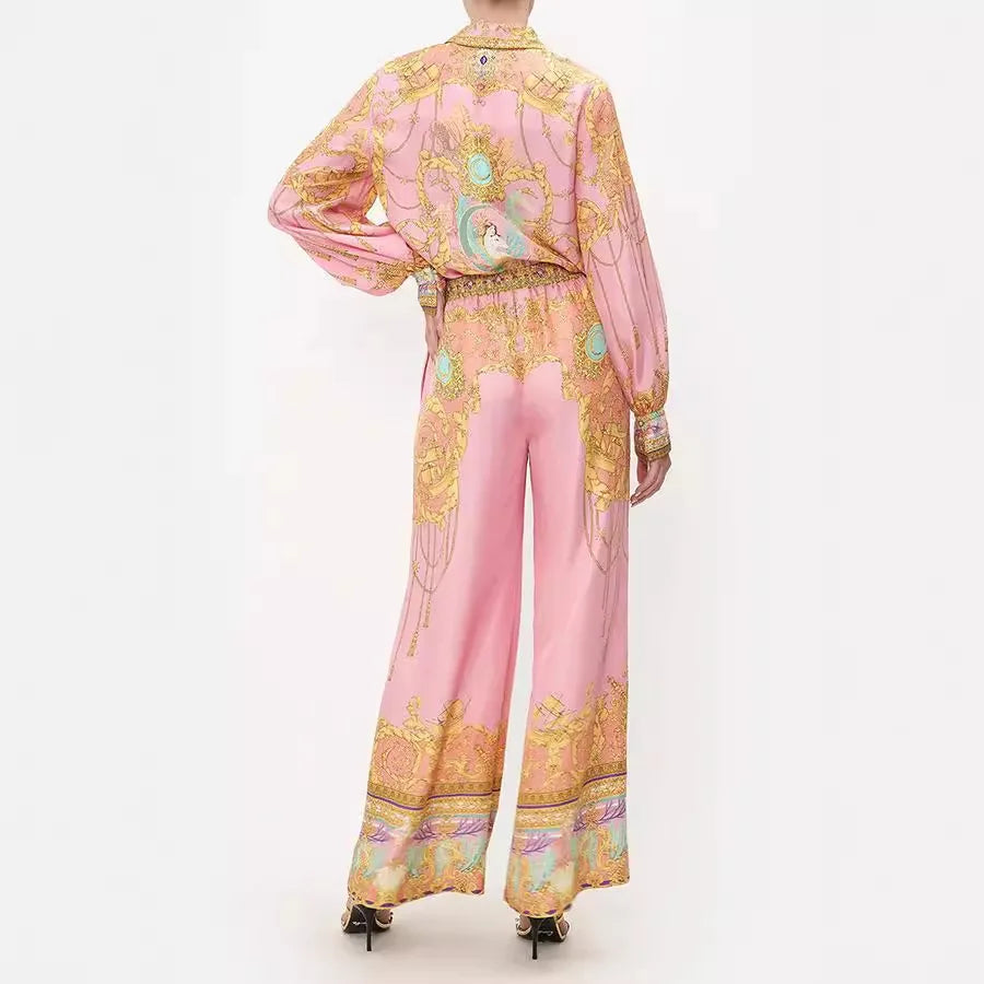 Swimsuit Cover Up Beach Women Dress Summer 2025 Kaftan Saida De Praia New Leisure Vacation Long Sleeved Pink Printed Shirt Pants