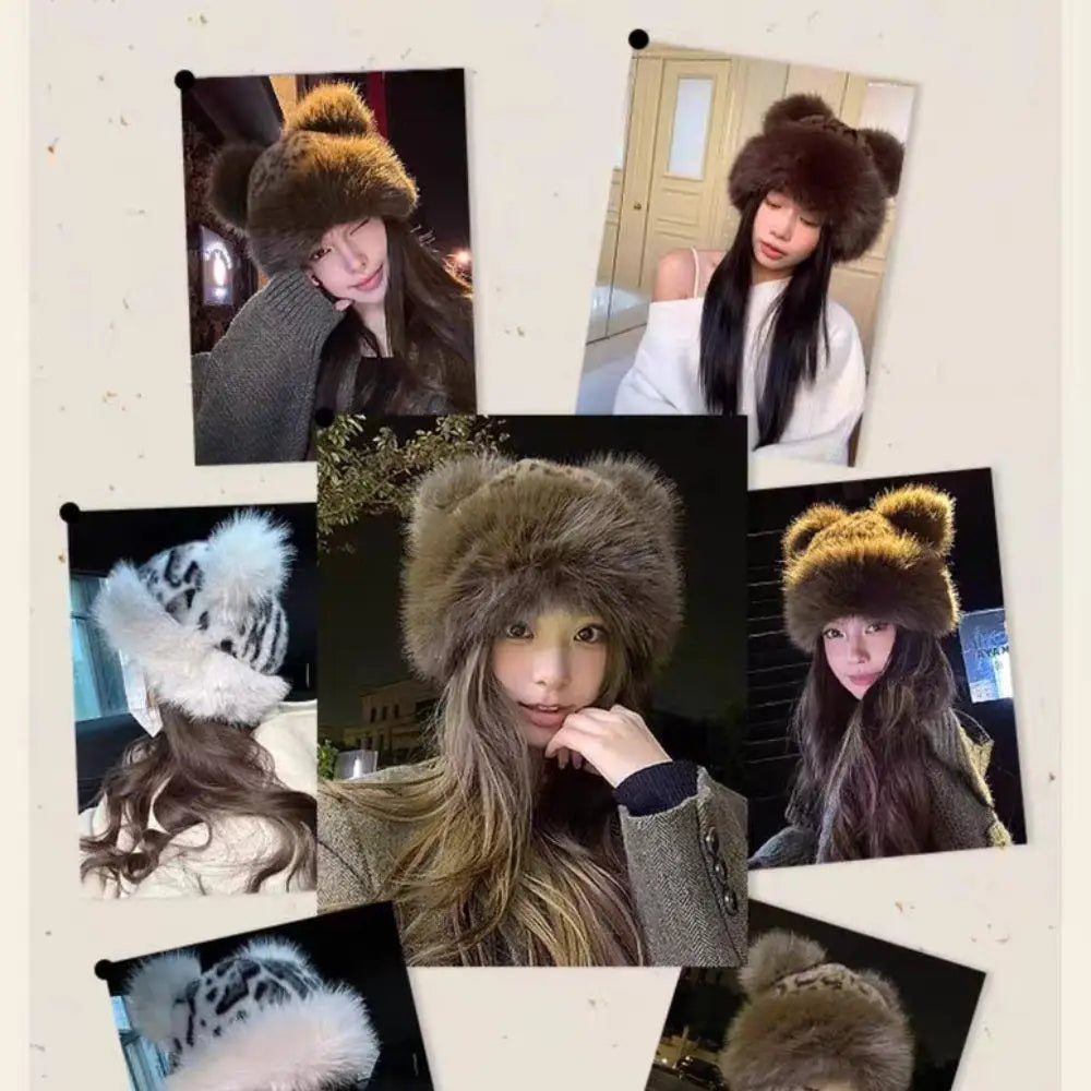 Leopard Print Bear Ears Plush Thick Warm Hat For Women Mongolian Hat Outdoor Snow Ski Cap Y2k Plush Basin Cap Furry Bucket Hats