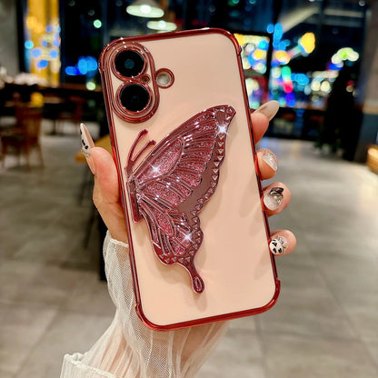 Glitter Butterfly Holder Phone Case for IPhone 7 8 16 15 14 Plus Pro MAx 12 13 Mini Side Pattern Drop Resistant PC Plating Case