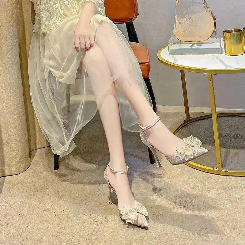 For Office Work High Heels Ladies Shoes Footwear Sandals Women Summer 2024 Thin Transparent Pointed Toe Open Silver Bow Comfort