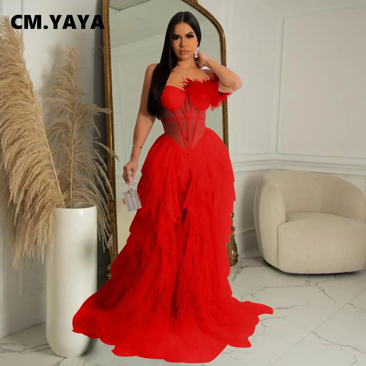CM.YAYA Women Tierred Mesh See Though Off Shoulder Sweetheart Collar Maxi Long Floor Length Dress Evening Sexy Party Dresses