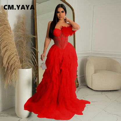 CM.YAYA Women Tierred Mesh See Though Off Shoulder Sweetheart Collar Maxi Long Floor Length Dress Evening Sexy Party Dresses