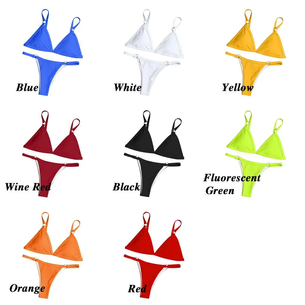 Ladies Sexy Solid Color Sling Bikini Set Metal Buckle Decorated Brazilian Swimwear Beach Vacation Split Swimwear