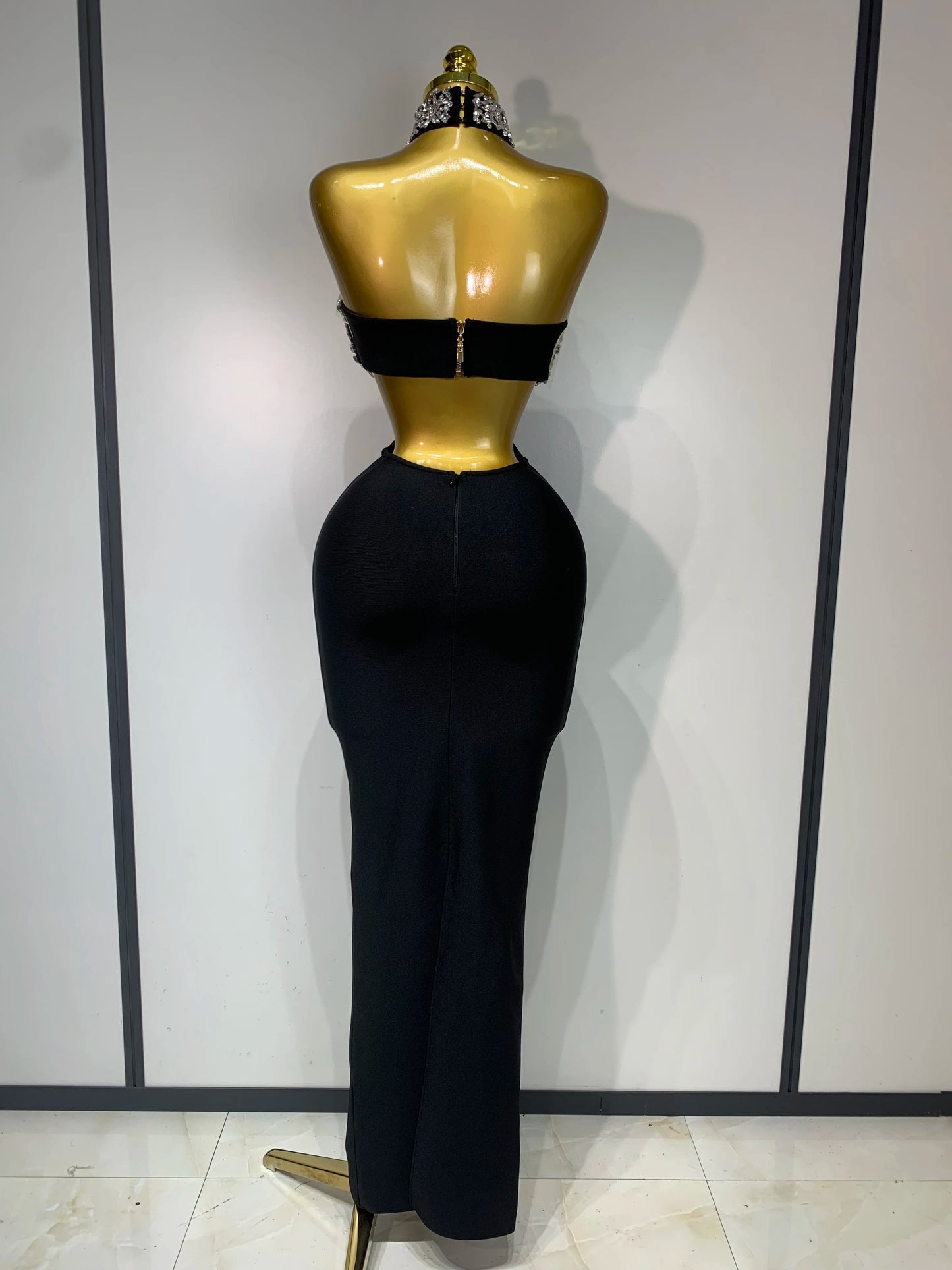 Women Sexy Backless Sparkly Crystal Diamonds Black Bodycon Bandage Dress Celebrity Elegant Evening Club Party Birthday Dresses