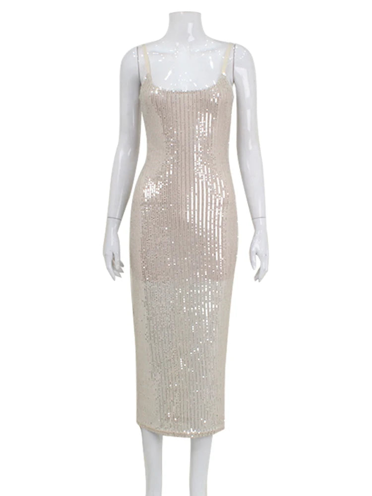 CNYISHE Elegant Sequins Sexy Club Women Dresses Sleeveless Party Spaghetti Strap Streetwear Sheath Fashion Bodycon Slim Female