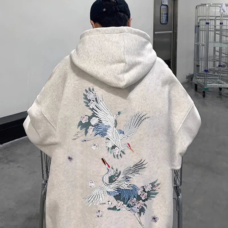 Autumn New Anime Crane Printed Pullover Hoodies For Men Hip Hop Fashion Graphic Hooded Sweatshirts Aesthetic Y2K Hoodie Clothes