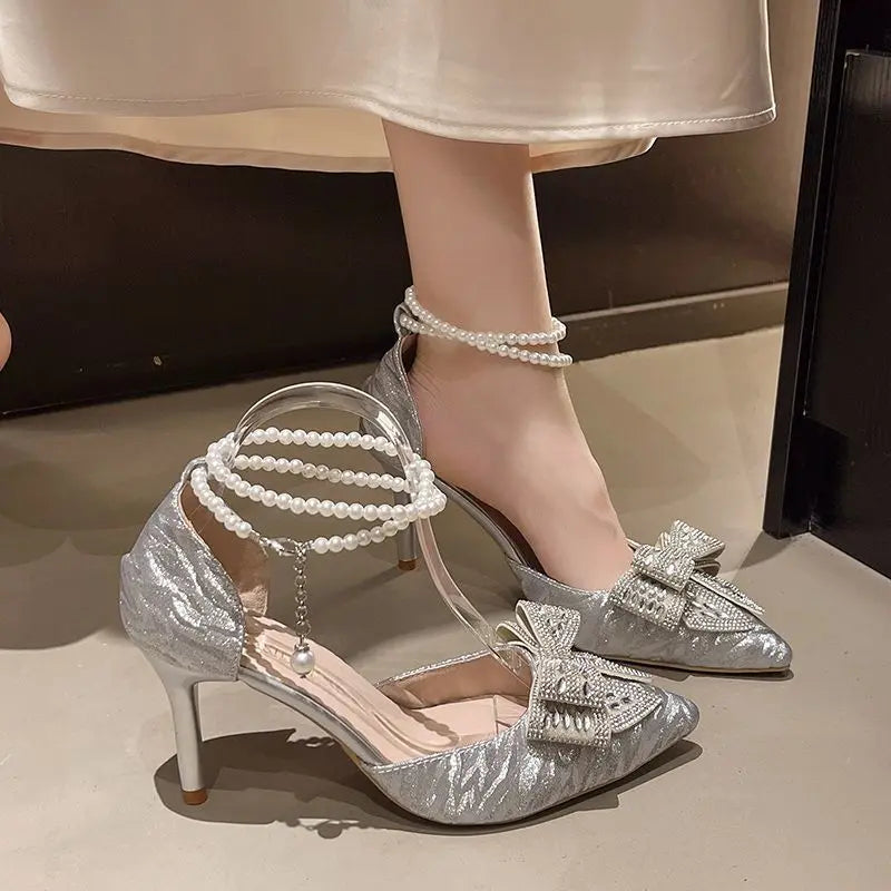 Temperament Bow High Heels Women Summer New Pointed Toe Shallow Mouth Rhinestone Bow Beaded Non-slip Stiletto Sandals