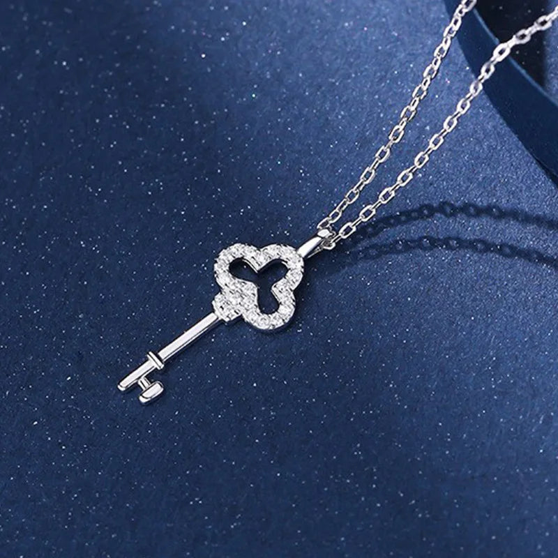 Golden Snowflake Key Pendant Necklace Female Hollow Clover Diamond Set Chain Sweater Chain