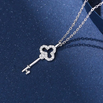 Golden Snowflake Key Pendant Necklace Female Hollow Clover Diamond Set Chain Sweater Chain