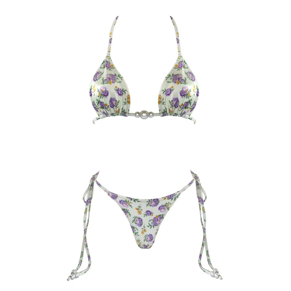 Micro Bikini 2025 Swimwear Women Swimsuit Sexy luxury Brazilian Bikini Set Halter Print Biquini Push Up Pearl Beachwear Female