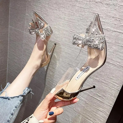 Spring New Pointed Toe High Heel Sexy Transparent Slow Water Diamond  Knot Faion ow Single oes Silver Weddi...