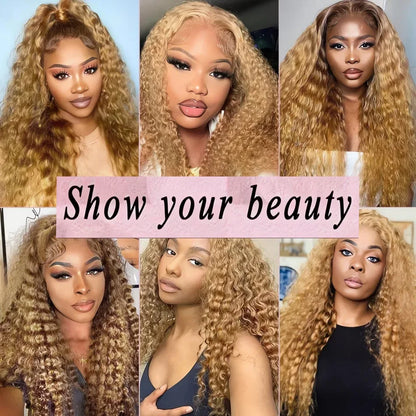 Deep Wave Honey Blonde Wig Human Hair 13X6 Lace Front Wig Curly Colored 27 Hd Lace Frontal Wig PrePlucked 250 Density 30 38 Inch