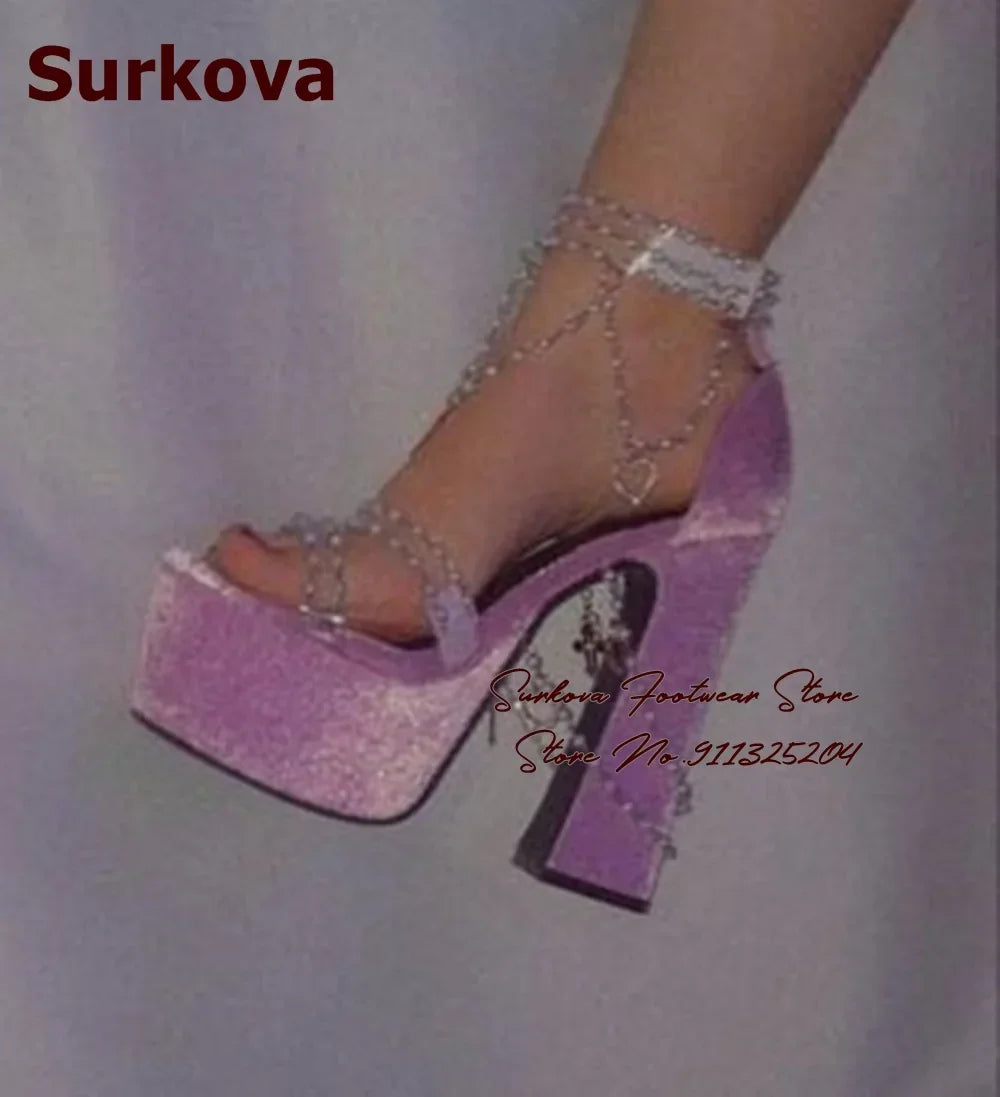 Surkova Luxury Velvet Chunky High Heel Sandals Pearl Jewerly Chain Beaded Platform Dress Shoes Stars Heart Fringe Pumps Size46