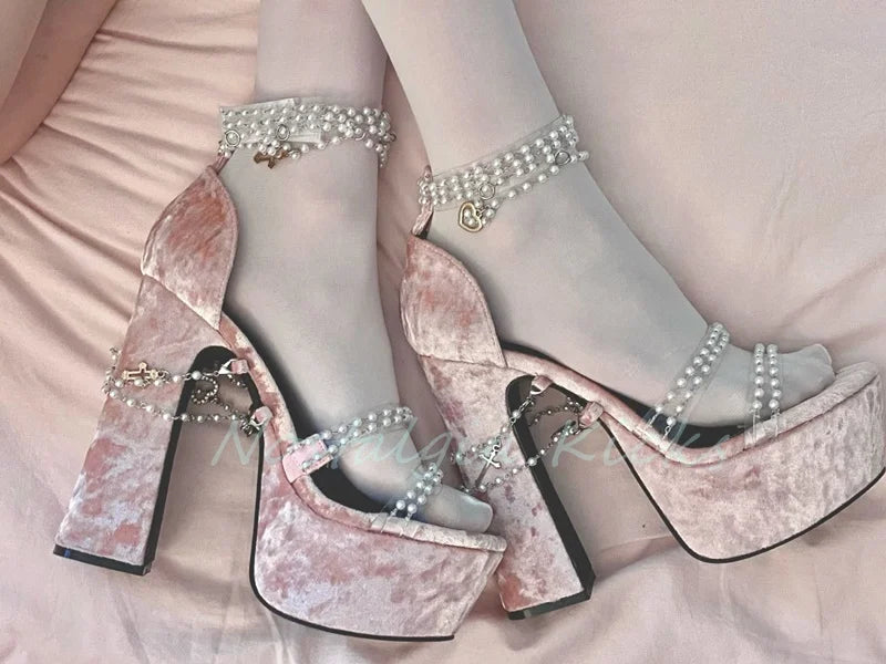 Women's Pink Velvet Platform High Heel Ankle Strap Sandals Sweet Punk Pearl Chain Heart Cross Thick Heel Party Dress Shoes