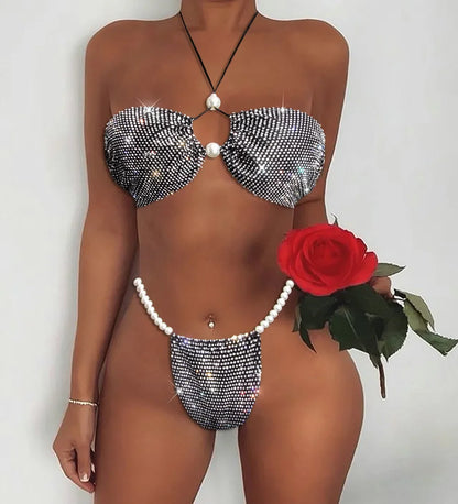 Sparkling Rhinestone Triangle Bikini Set Sexy Pearl Diamond Mesh Swimsuit Hollow Out Halter Bandage Women Swimwear Bathing Suit