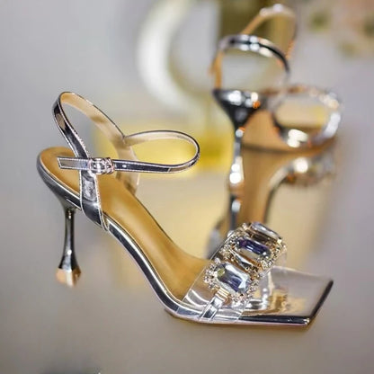 2025 New Slim Heel with Diamond Square Toe Sandals for Women in The Summer of  New Fairy Style Open Toe Sexy High Heels