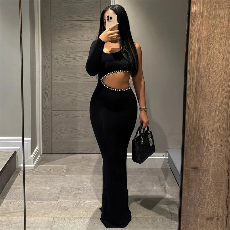 Sexy Hollow Out Black Bodycon Maxi Dress Women Birthday Nightclub Pearls Diamonds One Sleeve Prom Party Long Dresses Vestidos