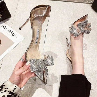 Spring New Pointed Toe High Heel Sexy Transparent Slow Water Diamond  Knot Faion ow Single oes Silver Weddi...
