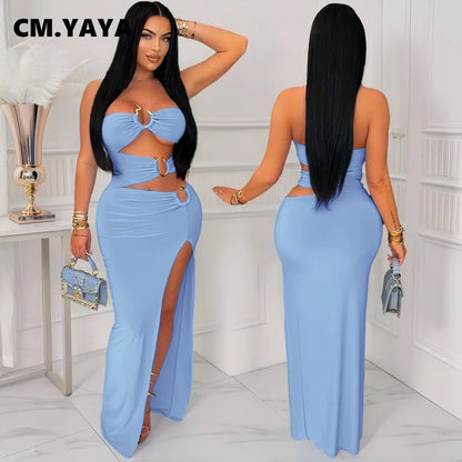 CM.YAYA 2025 Summer Elegant Sleeveless Floor-Length Long Women Dress Hollow Out Birthday Night Party Evening Sexy Split Dresses