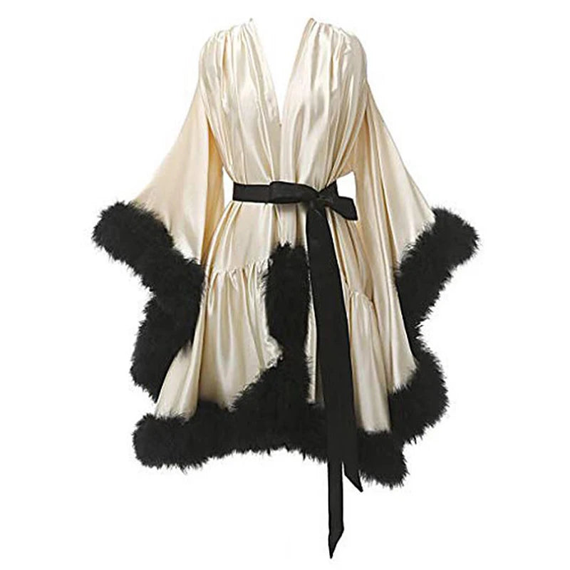 Ostrich Feathers Good Quality in Stock Women Lingerie Fur Robe Luxury Silk Prom Dress Party Gowns Sexy Evening Elegant Dress