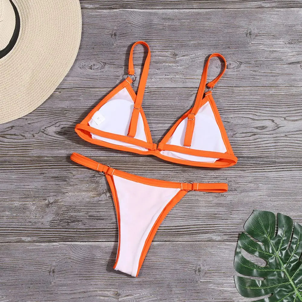 Ladies Sexy Solid Color Sling Bikini Set Metal Buckle Decorated Brazilian Swimwear Beach Vacation Split Swimwear