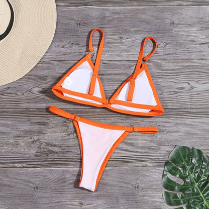 Ladies Sexy Solid Color Sling Bikini Set Metal Buckle Decorated Brazilian Swimwear Beach Vacation Split Swimwear